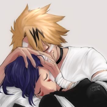 1boy 1girl anemone_mama bandages bed black_hair black_shirt blonde_hair boku_no_hero_academia choker closed_eyes couple facepaint grey_background hand_on_another&#039;s_face hand_on_another&#039;s_head hetero highres hospital hospital_bed hurt injury jiro_kyoka kaminari_denki lying shirt short_hair simple_background sleeping white_background white_shirt