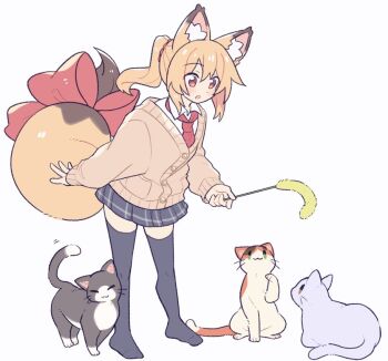 1girl :3 :o animal animal_ear_fluff animal_ears black_cat black_skirt black_thighhighs blonde_hair blush bow brown_cardigan buttons calico_(pattern) calico_cat cardigan cat cattail fox_ears fox_girl fox_tail full_body grey_cat holding long_sleeves miniskirt necktie no_shoes open_mouth original plant pleated_skirt ponytail red_bow red_eyes red_necktie school_uniform short_hair simple_background skirt solo standing suzuno_(suzuno3110) tail tail_bow tail_ornament thighhighs white_background wing_collar zettai_ryouiki