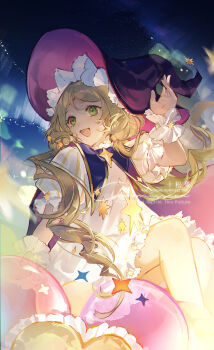Rule 34 | 1girl, balloon, blonde hair, commission, dress, eyelashes, floating hair, green eyes, hair ornament, hat, highres, large hat, long hair, looking afar, mihuashi commission, open mouth, original, pink hat, puffy short sleeves, puffy sleeves, short sleeves, sidelocks, sitting, solo, star (symbol), watermark, white dress, white wrist cuffs, witch hat, wrist cuffs, zeriko