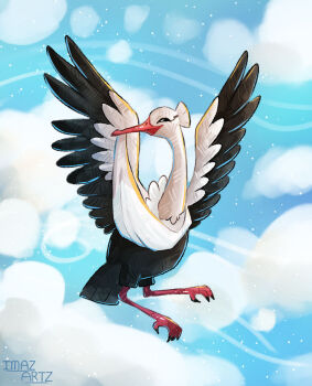 animal_focus artist_name bird blue_sky bombirdier closed_mouth cloud commentary day english_commentary flying full_body highres imazartz nintendo no_humans pokemon pokemon_(creature) pokemon_focus sky solo