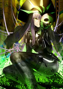 1girl black_bodysuit black_boots black_gloves black_hat black_veil bodysuit boots breasts breasts_apart evil_smile fate/grand_order fate_(series) feet_out_of_frame floating_hair game_cg gloves green_mask hat holding holding_mask kingprotea_(fate) latex latex_bodysuit latex_gloves long_hair long_sidelocks looking_at_viewer mask medium_breasts official_art one_eye_covered purple_hair sidelocks single_sidelock smile solo teeth thigh_boots third-party_source turtleneck turtleneck_bodysuit variant_set veil very_long_hair wada_arco xochitonal_(fate) yellow_eyes