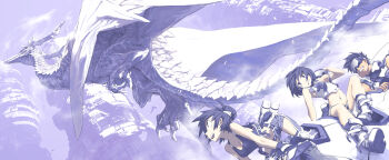 Rule 34 | 1boy, 2girls, bare shoulders, black eyes, black hair, boots, breasts, building, cleavage, dragon, goggles, grin, highres, looking at viewer, machine, medium breasts, midriff, multiple girls, navel, open mouth, original, ponytail, pouch, riding, short hair, shorts, sitting, size difference, smile, tank top, tsukuba masahiro