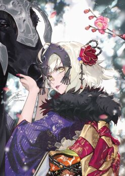 1girl black_fur black_horse chain commentary_request fadingz fate/grand_order fate_(series) flower fur-trimmed_kimono fur_trim hair_ornament hand_on_animal headpiece horse japanese_clothes jeanne_d'arc_alter_(fate) kimono looking_at_viewer looking_back nail_polish parted_lips pink_flower pink_nails pixiv_id plum_blossoms red_lips short_hair signature solo upper_body white_hair yellow_eyes