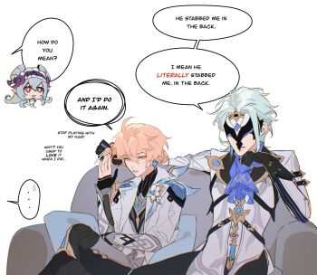 Rule 34 | 1girl, aether (genshin impact), blonde hair, commentary, couch, dottore (genshin impact), english commentary, eudaemi, eye mask, genshin impact, gloves, green hair, highres, long sleeves, mask, multicolored gloves, on couch, partially fingerless gloves, polka dot, sitting, speech bubble, white background, yellow eyes, yumemizuki mizuki