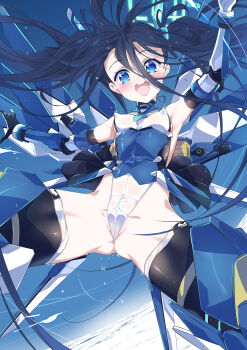 1girl absurdres aqua_halo aris_(armed)_(blue_archive) aris_(blue_archive) black_hair blue_archive blue_halo blue_necktie commentary_request covered_clitoris covered_erect_nipples covered_navel hair_between_eyes halo highres leotard loli long_hair long_hair_between_eyes looking_at_viewer mecha_musume mechanical_legs mechanical_wings multicolored_leotard necktie niko_(tama) official_alternate_costume open_mouth rectangular_halo ringed_eyes showgirl_skirt smile solo super_highleg twintails very_long_hair wings