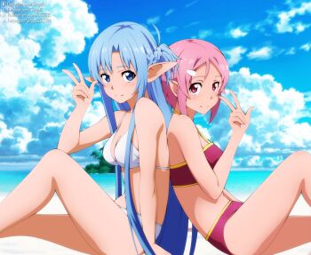 2girls asuna_(sao) asuna_(sao-alo) back-to-back bare_arms bare_legs bikini blue_eyes blue_hair breasts cleavage closed_mouth day deviantart_logo facebook_logo from_side hair_ornament hairclip halterneck highres lisbeth_(sao) lisbeth_(sao-alo) long_hair looking_at_another medium_hair multiple_girls outdoors parted_bangs pink_hair pixiv_logo pointy_ears red_bikini red_eyes short_hair shugo19 sitting smile strap_gap summer swimsuit sword_art_online twitter_logo very_long_hair w watermark white_bikini yellow_trim