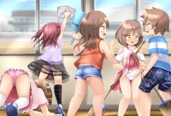1boy 4girls all_fours angry argyle_clothes ass black_panties black_skirt black_socks blue_shirt blue_shorts blush bow bow_panties broom brown_eyes brown_hair building camouflage camouflage_shorts candy_print classroom cleaning clothes_lift clothes_writing cloud crotch_seam dress dustpan embarrassed flower food_print from_behind hair_flower hair_ornament heart heart_hair_ornament heart_print highres holding holding_broom holding_dustpan kneehighs lace-trimmed_socks lifting_another&#039;s_clothes loli long_hair looking_at_another looking_down low_twintails multiple_girls open_mouth orange_shirt original panties panty_peek pink_bow pink_dress pink_panties pink_skirt print_panties print_shirt purple_panties purple_shirt red_flower red_hair renati_(renatium) see-through_clothes see-through_skirt shirt shoes short_hair short_sleeves shorts shota skirt skirt_lift sky sleeveless sleeveless_shirt smile socks standing star_(symbol) star_print striped_clothes striped_panties striped_shirt twintails underwear wash_cloth white_panties white_shirt white_shoes white_socks window yellow_eyes