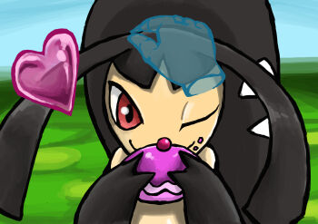 Rule 34 | absurdres, cake, disembodied hand, food, food on face, gen 3 pokemon, headpat, heart, highres, mawile, nintendo, no humans, one eye closed, poke puff, pokemon, pokemon-amie, pokemon (creature), pokepuff, red eyes, sakurametaru, wink