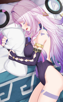 1girl absurdres bare_shoulders black_gloves black_leotard blue_nails blush breasts citlali_(genshin_impact) facial_mark fingerless_gloves fingernails genshin_impact gloves highleg highleg_leotard highres hugging_object large_breasts leotard long_hair lying multicolored_hair nail_polish on_side open_mouth pillow pink_hair purple_hair sleeping leotard solo textless_version tsuseki very_long_hair