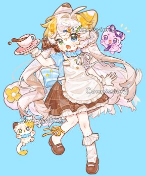 1girl ahoge apron blonde_hair blue_eyes blue_shirt blush brown_shoes brown_skirt cat cat_girl coffee coffee_mug commission cup fang frilled_apron frilled_gloves frilled_skirt frilled_socks frills full_body gloves green_eyes hair_intakes he_dian_dounai_ba heterochromia highres holding holding_plate long_hair mug multicolored_hair open_mouth original plate shirt shoes short_sleeves simple_background skirt socks solo standing standing_on_one_leg sweatdrop two-tone_hair white_apron white_gloves white_hair white_socks