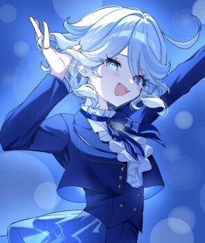 1girl :d alternate_costume blue_background blue_eyes blue_gemstone blue_hair blue_jacket blue_vest brooch center_frills drop-shaped_pupils earbuds earphones eyelash_ornament frills furina_(genshin_impact) gem genshin_impact hands_up highres jacket jewelry looking_at_viewer multicolored_hair open_mouth outstretched_arm short_hair smile solo streaked_hair symbol-shaped_pupils takura_0103 tucking_hair vest wavy_hair wireless_earphones