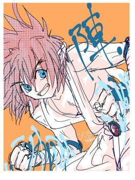 1boy bandaged_arm bandages blue_eyes fang jin_(yu_yu_hakusho) male_focus orange_background red_hair solo tasukusora yuu_yuu_hakusho