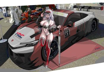1girl breasts car cleavage goddess_of_victory:_nikke grey_hair hair_ornament highres holding holding_umbrella large_breasts long_hair messy_hair motor_vehicle on_car phantasmaliagon photo_background planted planted_umbrella race_queen race_vehicle sharp_teeth spoiler_(automobile) sponsor tagme teeth thighhighs umbrella yellow_eyes yulha_(nikke)