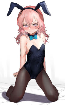 Rule 34 | 1girl, absurdres, animal ears, aqua bow, aqua bowtie, blush, bow, bowtie, breasts, brown pantyhose, cameltoe, cleavage, covered navel, detached collar, fake animal ears, female focus, full body, hair between eyes, half-closed eyes, highres, inui sajuna, kneeling, looking at viewer, madana (xesa7885), pantyhose, pink hair, playboy bunny, purple eyes, rabbit ears, short hair, simple background, small breasts, solo, sono bisque doll wa koi wo suru, steam, sweat, white background
