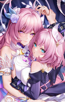 2girls alternate_breast_size_(larger) blue_eyes breasts cleavage coat commentary_request cyrene_(aedes_elysiae)_(honkai:_star_rail) cyrene_(honkai:_star_rail) cyrene_(ripples_of_past_reverie)_(honkai:_star_rail) dakimakura_(medium) diamond-shaped_pupils diamond_(shape) dress dual_persona grabbing_another&#039;s_breast groping hair_ornament highres honkai:_star_rail honkai_(series) jg&amp;solin large_breasts long_hair lying multiple_girls nail_polish on_back pink_hair purple_coat purple_eyes selfcest short_hair symbol-shaped_pupils upper_body very_long_hair white_dress