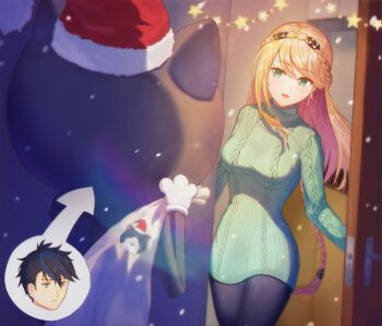 Rule 34 | 1boy, 1girl, :d, absurdres, arrow (symbol), black hair, black pantyhose, blonde hair, blue eyes, braid, breasts, christmas, christmas ornaments, commentary, cowboy shot, crown braid, door, eiyuu densetsu, elaine auclair, floating hair, flowingcrescent, fur-trimmed headwear, fur trim, green eyes, green sweater, hair between eyes, happy, hat, highres, holding, holding sack, kuro no kiseki (series), kuro no kiseki i, long hair, looking at another, mascot, mascot costume, medium breasts, mishy, multicolored hair, open door, open mouth, pantyhose, red hat, ribbed sweater, sack, santa hat, single braid, smile, snowing, speech bubble, spoken character, star (symbol), star ornament, sweater, swept bangs, turtleneck, turtleneck sweater, two-tone hair, van arkride, very long hair
