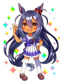 1girl animal_ears black_hair blush bow bowtie breasts chibi chibi_only commentary_request dark-skinned_female dark_skin ear_scrunchie fang full_body hair_between_eyes hair_ornament hairclip highres hishi_amazon_(umamusume) horse_ears horse_girl horse_tail large_breasts long_hair looking_at_viewer open_mouth pleated_skirt puffy_short_sleeves puffy_sleeves purple_bow purple_bowtie purple_shirt red_eyes red_scrunchie sailor_collar sailor_shirt school_uniform scrunchie shirt shoes short_sleeves skirt solo striped_clothes striped_scrunchie sugimotty_nova tail thighhighs tracen_school_uniform umamusume very_long_hair white_sailor_collar white_skirt white_thighhighs zettai_ryouiki