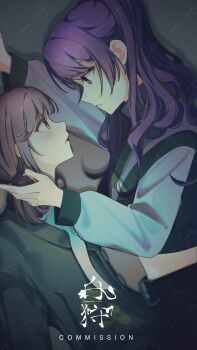 2girls absurdres asahina_mafuyu black_jacket blush brown_eyes brown_hair commentary commission english_commentary eye_contact hakukari highres jacket kabedon long_hair long_sleeves looking_at_another low_twintails midriff multiple_girls official_alternate_costume official_alternate_hairstyle parted_lips project_sekai purple_eyes purple_hair shinonome_ena shirt short_twintails twintails yuri zozotown