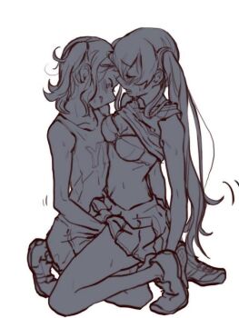 2girls alternate_costume blush bra breasts cleavage closed_eyes clothes_lift cynthia_(fire_emblem) fingering fire_emblem fire_emblem_awakening girl_on_top midriff monochrome multiple_girls nintendo severa_(fire_emblem) shirt_lift simple_background skirt small_breasts sweat tank_top tongue tongue_out twintails underwear yuri