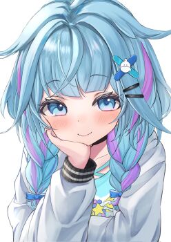 1girl black_choker blue_bow blue_hair blue_shirt bow braid choker closed_mouth commentary_request hair_bow hair_flaps hair_intakes hair_ornament hand_on_own_cheek hand_on_own_face head_rest highres hololive hololive_dev_is jacket long_sleeves looking_at_viewer low_twin_braids medium_hair mizumiya_su mizumiya_su_(1st_costume) multicolored_hair o-ring o-ring_choker pink_streaks print_shirt shirt simple_background smile solo streaked_hair tatsu_(tattti2022) twin_braids two-tone_hair upper_body virtual_youtuber white_background white_jacket x_hair_ornament