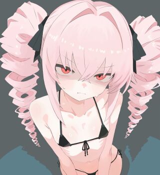 1girl bikini biting_own_lip black_bikini black_ribbon breasts collarbone drill_hair from_above front-tie_bikini_top front-tie_top grey_background hair_ribbon highres laceys_es loli long_hair looking_at_viewer micro_bikini navel onikko_hunter_tsuina-chan parted_lips pink_hair red_eyes ribbon shaded_face side-tie_bikini_bottom small_breasts solo sweat swimsuit tsuina-chan twintails very_long_hair voiceroid