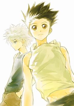 2boys black_hair black_tank_top blue_eyes brown_eyes brown_shorts closed_mouth gelb gon_freecss hands_in_pockets hunter_x_hunter killua_zoldyck male_focus midriff multiple_boys short_hair shorts simple_background solo tank_top white_background white_hair white_tank_top