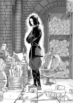 1boy 913kousatu absurdres boots brick_wall candle commentary_request crossed_arms dark_souls_(series) dark_souls_iii full_body gloves greyscale highres long_sleeves looking_at_viewer male_focus monochrome orbeck_of_vinheim pants scroll shelf shirt short_hair solo standing table