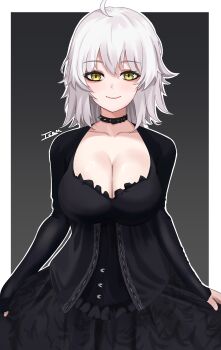 1girl absurdres ahoge black_dress blush breasts choker cleavage dress fate/grand_order fate_(series) grey_hair highres icbm100 jeanne_d'arc_alter_(fate) large_breasts long_sleeves looking_at_viewer short_hair smile solo yellow_eyes