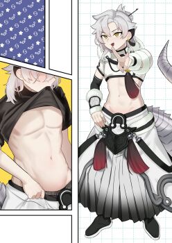 Rule 34 | 1boy, abs, arm warmers, black arm warmers, black shirt, black shoes, blush, cape, clothes lift, commentary request, cowboy shot, crop top, cropped shirt, dracotail lukias, dragon boy, dragon tail, duel monster, ear covers, earrings, eastern dragon tail, flats, full body, fur trim, gradient clothes, grey hakama, groin, hair between eyes, hair bun, hair ornament, hair stick, hakama, hand on own hip, highres, japanese clothes, jewelry, lifting own clothes, long hair, looking at viewer, male focus, midriff, mouth hold, multiple views, navel, open mouth, parted bangs, pectorals, shirt, shirt lift, shoes, short sleeves, sidelocks, smile, standing, stomach, sweat, tail, tassel, tassel earrings, v, wa tsuji, waist cape, white cape, white hakama, white shirt, yellow eyes, yu-gi-oh!