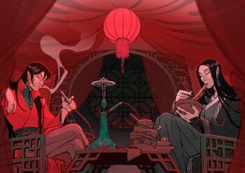 2boys animal_print belt black_hair bone bowl bowl_stack butterfly_earrings butterfly_print chair chopsticks closed_eyes collared_robe commentary crossed_legs curtains dishes earrings eating english_commentary eyeliner fingernails food green_eyeliner grey_hanfu grey_nails he_xuan highres holding holding_chopsticks hookah hua_cheng indoors jewelry lantern layered_sleeves long_fingernails long_hair long_sleeves makeup male_focus malinanan multiple_boys multiple_earrings multiple_rings necklace noodles pointy_ears red_eyeliner red_nails ring silver_necklace silver_trim sitting smoke smoking table tassel tassel_earrings tianguan_cifu very_long_hair wide_sleeves window