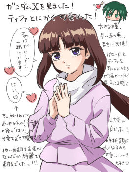 1boy 1girl after_war_gundam_x blunt_bangs blush_stickers brown_hair chibi commentary garrod_ran green_eyes green_hair gundam heart highres long_sleeves looking_at_viewer low_ponytail ponytail purple_eyes sidelocks speech_bubble tiffa_adill tochio translation_request upper_body white_background