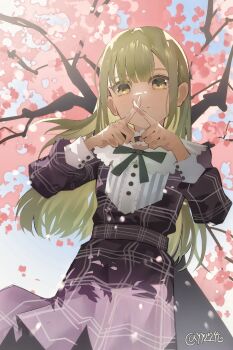 1girl bang_dream! bang_dream!_it&#039;s_mygo!!!!! blue_dress blue_sky cherry_blossoms closed_mouth collared_dress cowboy_shot dress green_hair hands_up highres kenkou_ni_yoku_nai!_(bang_dream!) long_hair long_sleeves looking_at_viewer mortis_(bang_dream!) mortis_(persona)_(bang_dream!) outdoors petals plaid_clothes plaid_dress sidelocks sky solo spring_(season) standing tree wakaba_mutsumi x_fingers_over_mouth yellow_eyes yyz_bei_lun_sang