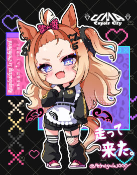 Rule 34 | 1girl, animal ears, apron, asymmetrical legwear, black jacket, black leg warmers, black shorts, blue eyes, blush, bow, breasts, character name, chibi, commentary request, espoir city (umamusume), fang, fishnet thighhighs, fishnets, frilled apron, frills, hair bow, hair ornament, highres, horse ears, horse girl, horse tail, jacket, jersey maid, leg warmers, long hair, long sleeves, looking at viewer, maid, maid apron, mismatched legwear, mismatched thighhighs, multicolored hair, one side up, open mouth, orange hair, peteron, pink bow, sandals, shorts, skin fang, striped clothes, striped thighhighs, tail, thighhighs, track jacket, umamusume, unconventional maid, waist apron, white apron
