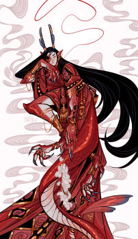 abstract_background absurdly_long_hair anklet black_hair chinese_clothes chinese_zodiac claws closed_eyes closed_mouth commentary dragon_boy earrings eastern_dragon_horns eastern_dragon_tail english_commentary eyeliner eyepatch floral_print fmd gold gold_anklet gold_ring gold_trim hanfu highres hua_cheng jewelry long_hair makeup male_focus monster_boy multiple_anklets multiple_piercings multiple_rings pointy_ears red_eyeliner red_hanfu red_robe red_scales ring robe string string_around_finger string_of_fate tianguan_cifu very_long_hair white_background wide_sleeves year_of_the_dragon