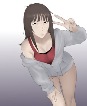 Rule 34 | 1girl, absurdres, black eyes, blunt bangs, borrowed character, brown hair, buck teeth, commentary, english commentary, freckles, gradient background, grey background, hand on own hip, highres, hood, hoodie, jimiko, kara eklund, leaning forward, meruzis, off shoulder, original, red tank top, sanpaku, simple background, tank top, teeth, v, white background