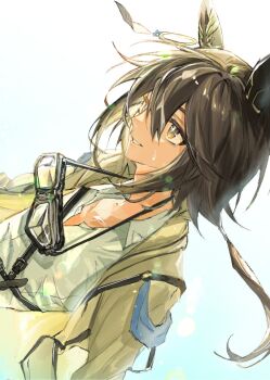 1girl animal_ears bag belt black-framed_eyewear black_belt black_hair blue_background brown_coat brown_eyes chest_belt coat collarbone collared_coat collared_shirt commentary_request ear_ornament eyelashes floating_hair goggles goggles_around_neck gradient_background hair_between_eyes hair_tubes happy high_belt highres horse_ears horse_girl korean_commentary long_hair long_hair_between_eyes long_sleeves looking_ahead low_ponytail multiple_belts open_clothes open_coat parted_lips ponytail saibeo_tomato shirt shoulder_bag single_hair_tube smile solo stay_gold_(sunlit_outsider)_(umamusume) stay_gold_(umamusume) sweat teeth two-tone_background umamusume upper_body white_background white_shirt