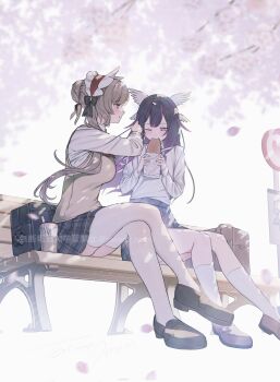 2girls artist_name bench blush bonnet braided_base bread cherry_blossoms columbina_(genshin_impact) commentary_request eating food genshin_impact hair_ornament highres loafers multiple_girls outdoors petals sandrone_(genshin_impact) school_uniform shoes sitting socks takeno_omoti thighhighs watermark white_socks white_thighhighs wing_hair_ornament
