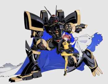 1girl absurdres aiba_ami alphamon armor black_armor black_helmet black_shirt black_skirt blue_cape cape closed_eyes dawu233 digimon digimon_(creature) digimon_story:_cyber_sleuth forehead_jewel full_body goggles goggles_on_head grey_background helmet highres knight miniskirt open_mouth pleated_skirt print_shirt red_hair shirt side_ponytail simple_background skirt smile thighhighs two-sided_cape two-sided_fabric two-tone_shirt white_cape yellow_shirt yellow_thighhighs