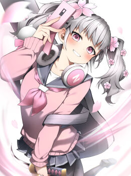 1girl absurdres cellphone cherry_blossoms commentary_request fingernails flip_phone flower grey_hair grin guitar_case hair_flower hair_ornament headphones headphones_around_neck highres holding holding_phone instrument_case kazehaya_sakura long_hair long_sleeves looking_at_viewer neckerchief nyanko_daisensou pepushi_drow phone pink_eyes pink_flower pink_neckerchief pink_sweater pleated_skirt sailor_collar school_uniform simple_background skirt smile solo sweater twintails white_background