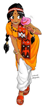 1girl :d ^_^ bead_necklace beads bent_over bindi black_eyes black_hair blush braid cheek-to-cheek closed_eyes colored_skin dark-skinned_female dark_skin dated dragon_quest dragon_quest_yuusha_abel_densetsu earrings facial_mark feet female_focus forehead_mark full_body hair_ornament hand_on_own_knee happy headband heads_together hoop_earrings jewelry long_hair looking_at_another looking_to_the_side monster motion_lines necklace nekoguchi open_mouth parted_bangs pink_skin sandals sash she-slime signature simple_background slime_(dragon_quest) smile solo tialah tribal twin_braids twintails white_background