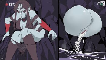 1girl animated animated_gif anus ass biku black_bow black_hair black_lips black_nails black_panties black_sclera black_shirt black_skirt black_socks blue_skin bow bow_panties breasts breath claws cleavage clothes_lift colored_sclera colored_skin floral_print from_behind heavy_breathing highres kneehighs large_breasts long_hair looking_up midriff multiple_views open_mouth original panties panty_pull peeing pointy_ears print_panties puddle pussy recording red_eyes relief rock shirt sitting skirt skirt_lift sleeveless sleeveless_shirt socks steam sweat uncensored underwear vampire wet wet_clothes wet_panties wristband