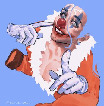 1boy absurdres blood blue_background blue_eyes blue_hair buggy_the_clown clown clown_nose detached_arm eyelashes fur-trimmed_shirt fur_trim gloves grin highres makeup male_focus nosebleed one_piece pointing pointing_at_viewer red_nose shirt signature smile solo teeth vamos_mk white_gloves