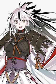 1girl armor black_hair black_shirt black_skirt breasts clothing_cutout collar eiki_(eikityou_55) fate/grand_order fate_(series) green_eyes hair_between_eyes high_ponytail highres hip_vent japanese_armor layered_skirt long_hair long_sleeves looking_at_viewer medium_breasts metal_collar multicolored_hair nagao_kagetora_(fate) open_mouth ponytail shirt shoulder_armor sidelocks skirt smile sode solo tassel two-tone_hair uesugi_kenshin_(first_ascension)_(fate) very_long_hair white_hair white_skirt wide_sleeves