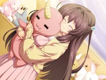 1girl :3 ^_^ blush breasts brown_hair choker closed_eyes dress dutch_angle game_cg hair_intakes hair_ornament hug hugging_doll hugging_object inoino katsuragi_marina kouyoku_senki_exs-tia long_hair non-web_source official_art pink_dress smile solo stuffed_animal stuffed_cat stuffed_rabbit stuffed_toy variant_set