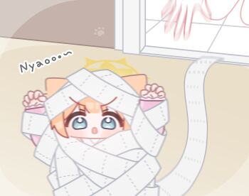 1girl absurdres animal_ears arms_up blue_archive blunt_bangs chibi claw_pose halo highres horuhara long_sleeves looking_ahead mari_(blue_archive) motion_blur mummy_costume no_nose open_mouth orange_hair pajamas pink_pajamas solo solo_focus standing tile_floor tiles v-shaped_eyebrows yellow_halo