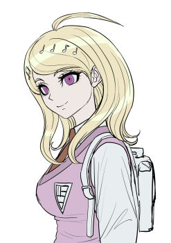 Rule 34 | 1girl, absurdres, ahoge, akamatsu kaede, backpack, bag, blonde hair, breasts, brown necktie, commentary request, danganronpa (series), danganronpa v3: killing harmony, fortissimo, hair ornament, highres, large breasts, long hair, long sleeves, looking at viewer, looking to the side, musical note, musical note hair ornament, necktie, pink eyes, pink sweater vest, shirt, simple background, solo, sweater vest, uranagi (uranaginasi), white background, white bag, white shirt