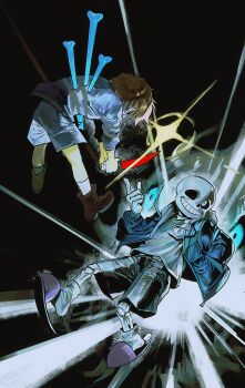 1boy 1other absurdres androgynous battle black_sclera black_shorts blackmaro1 blue_jacket blue_shirt bone brown_hair colored_sclera frisk_(undertale) gloves glowing glowing_eye grin hands_in_pockets highres holding holding_knife jacket knife pink_slippers sans_(undertale) shirt shoes short_hair shorts skeleton slippers smile stab striped_clothes striped_shirt sweater teeth undertale utdr_(toby_fox) weapon white_gloves