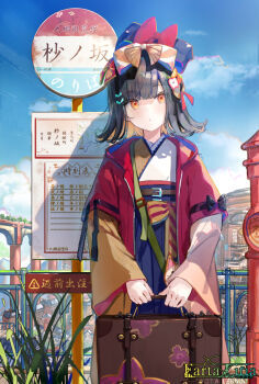 1girl black_hair blue_hakama blue_sky bow building bus_stop cloud cloudy_sky commentary_request day grass hair_bow hakama highres jacket japanese_clothes kimono looking_at_viewer medium_hair multiple_hair_bows original outdoors parted_lips red_jacket rei_(farta_litia) sky solo suitcase tall_grass yellow_eyes