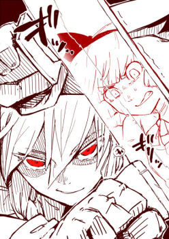 Rule 34 | 2girls, black background, black ribbon, clenched teeth, collared shirt, commentary request, daitai konna kanji, dual wielding, fighting, gloves, hair between eyes, hair ribbon, hands up, holding, holding knife, izayoi sakuya, katana, knife, konpaku youmu, looking at viewer, monochrome, multiple girls, outline, red eyes, reflection, ribbon, shirt, simple background, smile, sweat, sword, teeth, touhou, tsurime, upper body, weapon, white outline