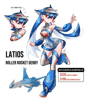 1girl absurdres adoptable blue_boots blue_hair boots breasts character_name cleavage cleavage_cutout closed_mouth clothing_cutout colored_inner_hair creature_and_personification detached_sleeves dot_mouth dress earrings full_body gen_3_pokemon grey_boots grey_dress hair_between_eyes hair_horns hand_up hands_up highres jewelry latios legendary_pokemon long_hair medium_breasts microdress multicolored_boots multicolored_hair nintendo official_art_inset personification pokedex_number pokemon red_eyes reference_inset rhymewithray see-through_clothes see-through_skirt skirt sleeveless sleeveless_dress solo standing thigh_boots triangle_earrings two-tone_boots two-tone_hair visor_cap white_hair